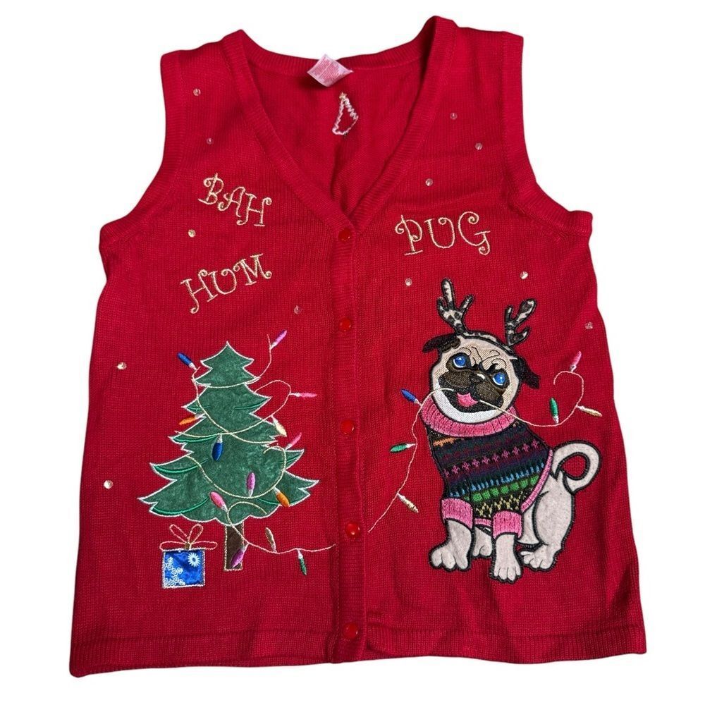 ✔️ Bah Hum Pug Red Sweater Vest
